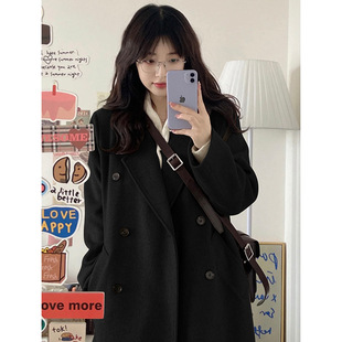 High-end Black Woolen Coat Women's Spring 2025 New Korean Style Small Medium and Long Woolen Coat Thickened