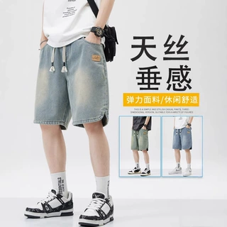 新款美式百搭星空纹牛仔短裤男士宽松潮流直筒休闲五分中裤子
