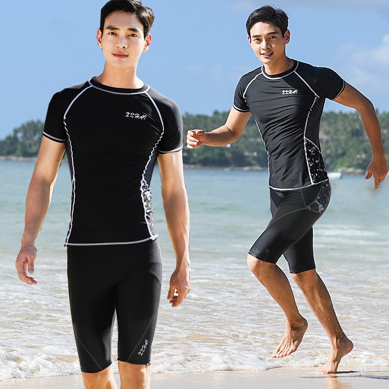 Swimsuit Men's Short-Sleeved Top Single-Piece Swimming Trunks Sun Protection Quick-Drying Loose Extra Large Size Split Men's Swimsuit
