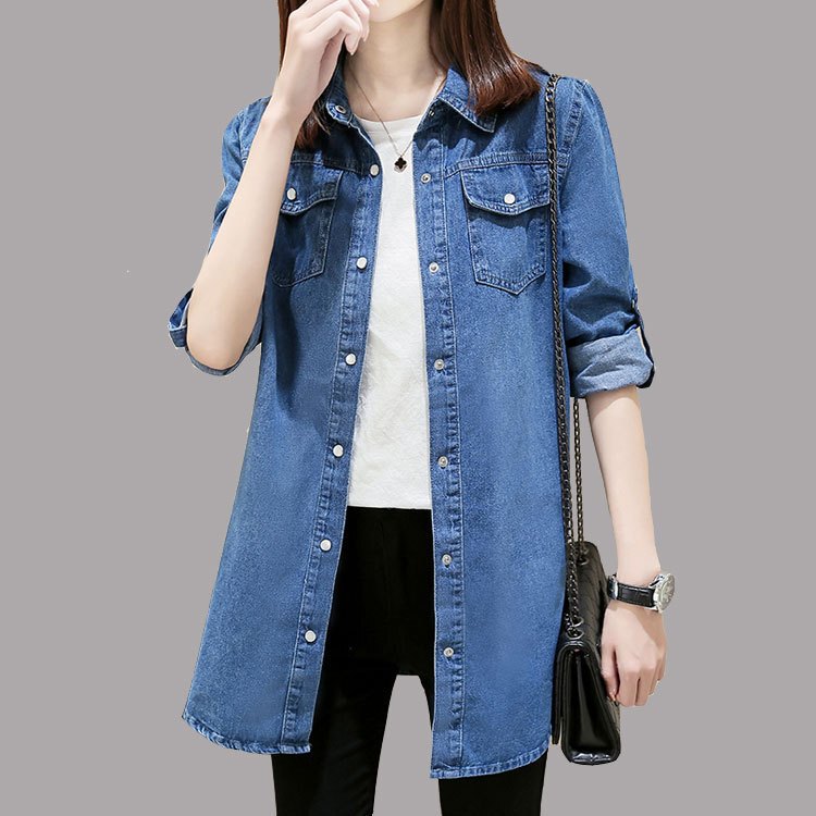 Denim Shirt for Women, Layered Autumn and Winter Long-Sleeve Top, Loose Mid-Length Plus-Size Spring Base Shirt, Women's Shirt Jacket Denim Shirt for Women, Layered Autumn and Winter Long-Sleeve Top, Loose Mid-Length Plus-Size Spring Base Shirt, Women's Shirt Jacket