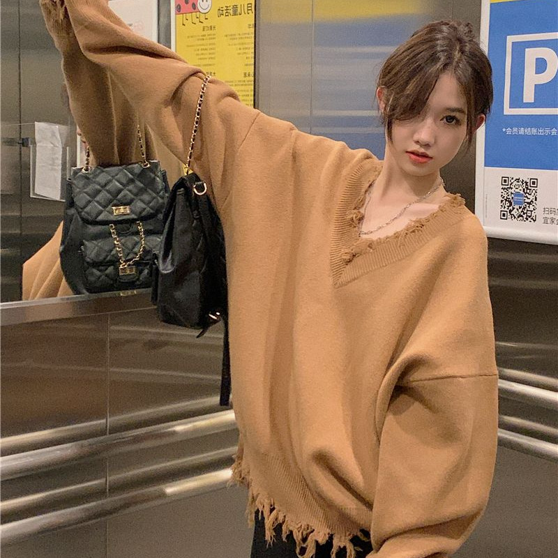 针织毛衣女不规则磨破裁剪设计感V领毛衣