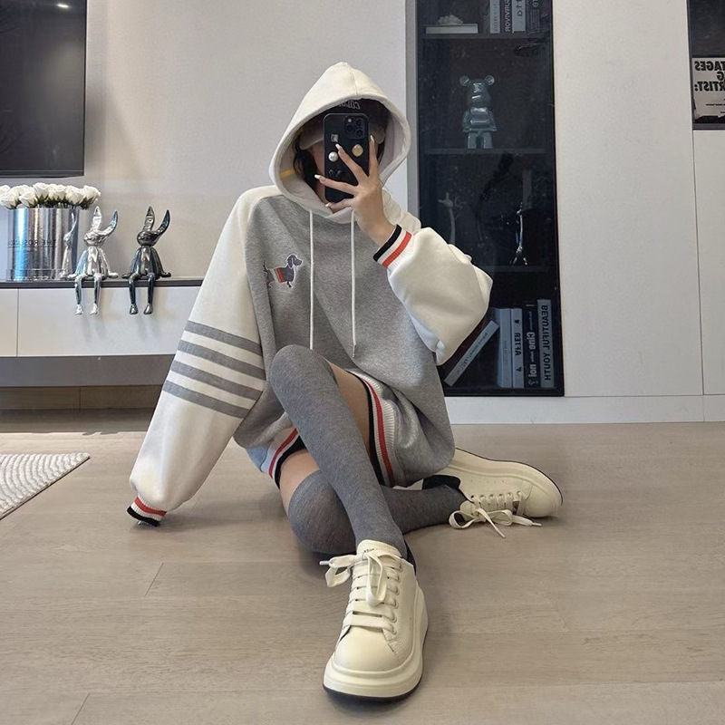 Tb Preppy Style Contrasting Color Stitching Fleece-Lined Hooded Sweatshirt for Women, Lazy Style Heavy Embroider Puppy Casual Loose Top