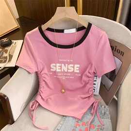 夏季冰丝女童恤短袖儿童抽绳不规则短款上衣薄款凉爽绑带打底衫
