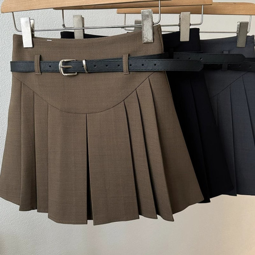 Stylish and Versatile High-Waisted Semi-Annual Skirt 2025 Summer New Arrival Korean Style Pleated Skirt with Belt Solid Color Short A-Line Skirt