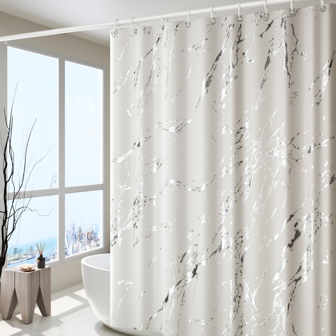 Rusia venta caliente de lujo ligero de alto nivel estampado de oro y plata estampado cortina de baño impermeable cortina de partición de baño cortina de baño sin perforación cortina de baño