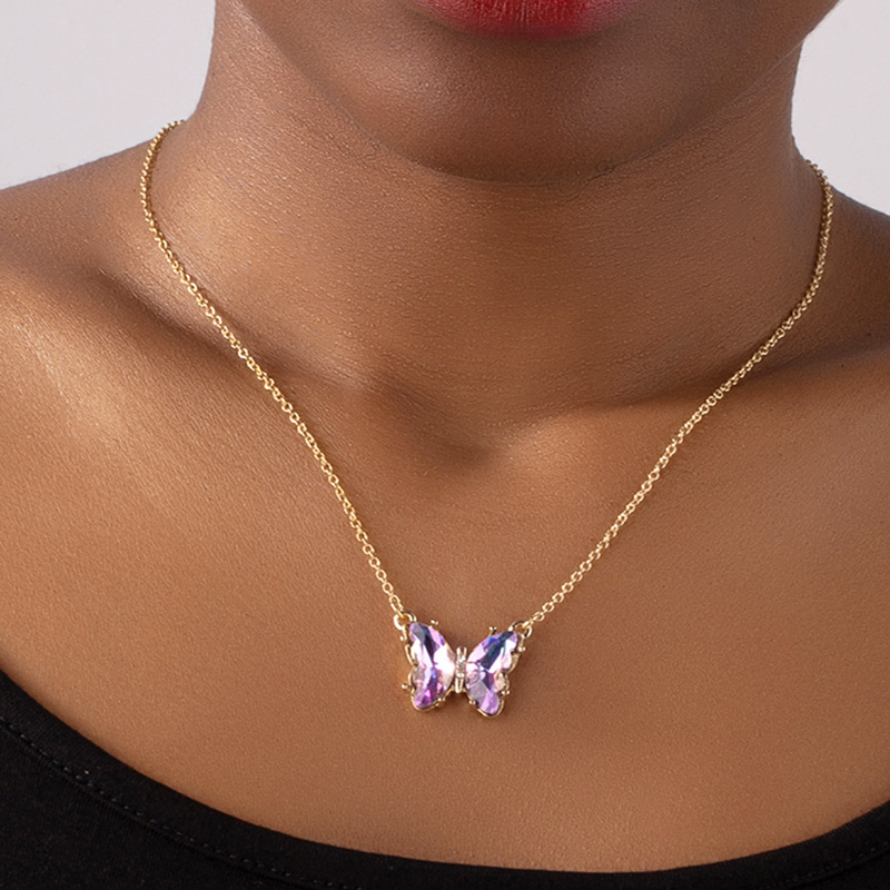Korean simple multicolor glass butterfly necklace creative retro sweater chain wholesale