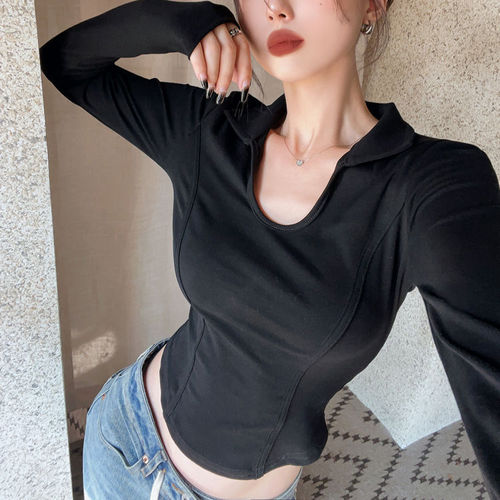 260g Modal Cotton Blended Irregular Fishbone Long-Sleeve T-shirt Slim Fit Polo Collar Hot Girl Short Top