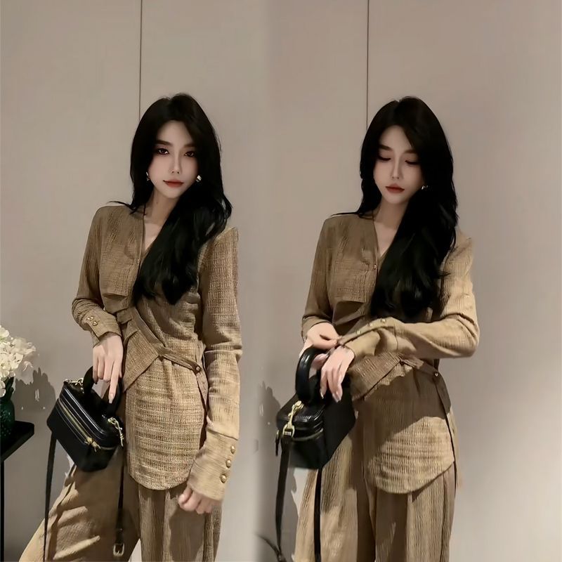 时尚洋气套装女2025春季新款不规则设计上衣宽松显瘦阔腿裤两件套|undefined