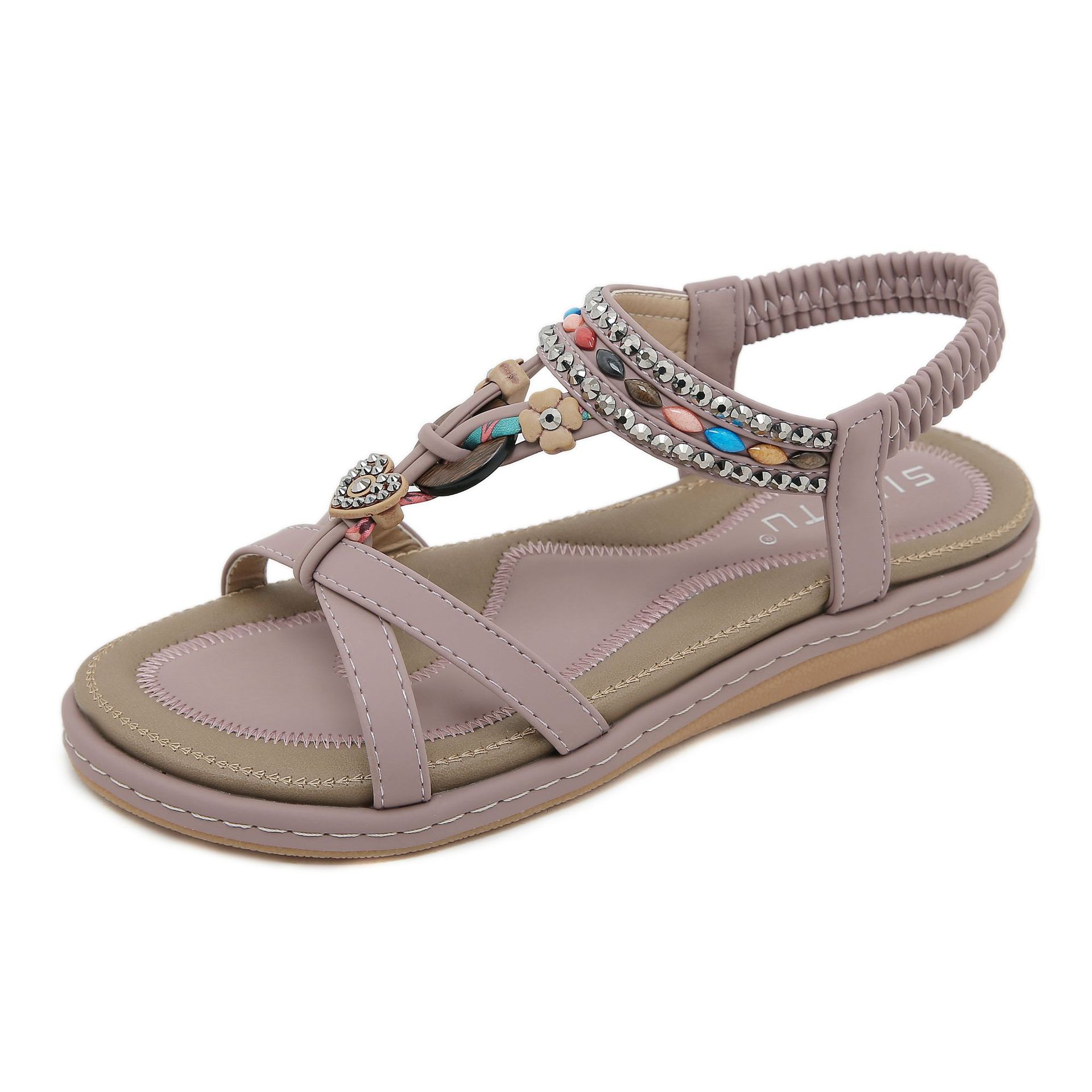 W676-4 Nuevo 2024 primavera y verano cuentas de madera hebilla rhinestone moda casual Tailandia playa Sandalias planas para las mujeres