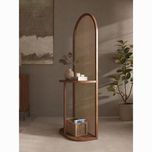 Japanese-Style Rattan Screen Partition for Living Room, Entrance, Bedroom, Vintage Storage Rack, Movable Simple Retro Rack