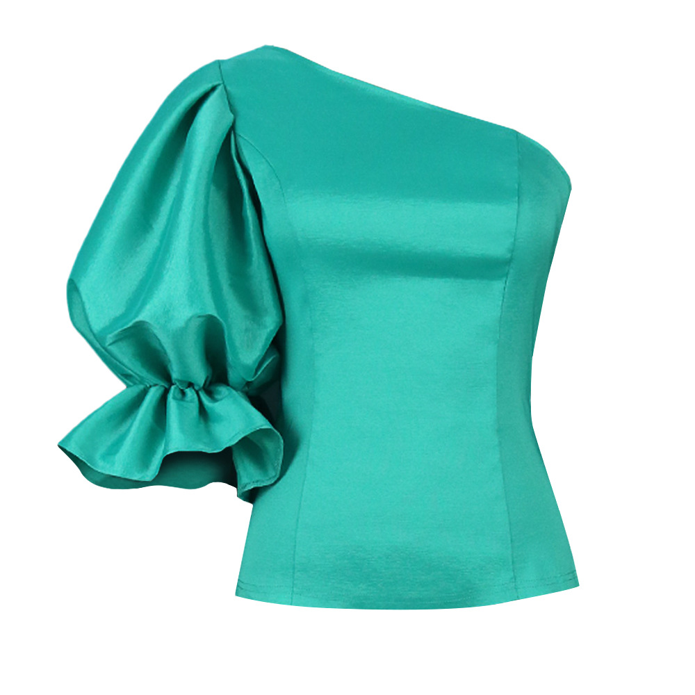 solid color slanted shoulder three-quarter lantern sleeves slim top NSKNE130423