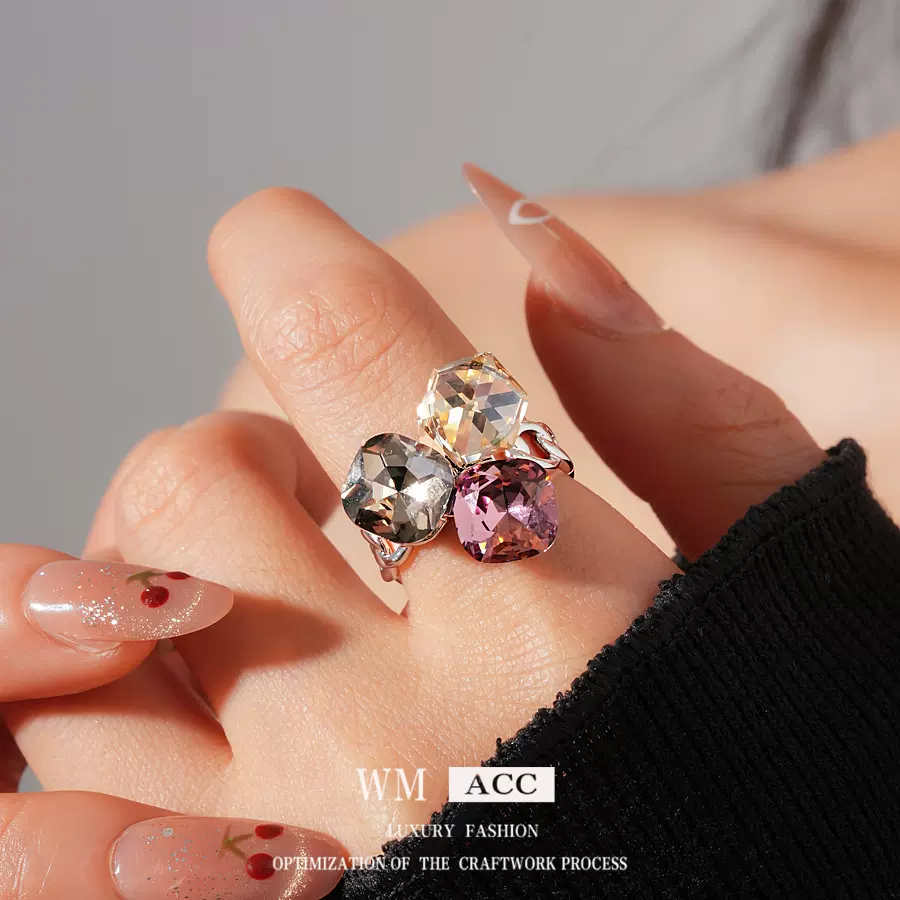 镶锆石方形拼接开口戒指小众高级感轻奢食指戒设计感精致百搭手饰