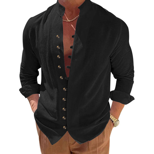 2025 Autumn Amazon Independent Store Button-down Men's Retro Linen Casual Loose Long-sleeve Shirt