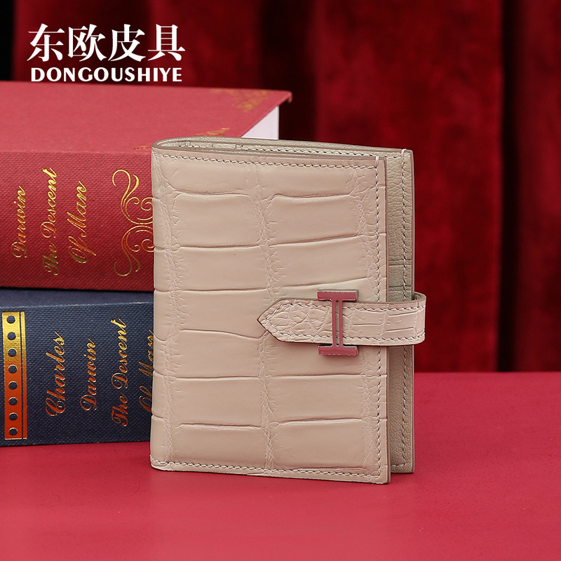 New Matte Crocodile Belly H Family Short Wallet Genuine Leather Lining Full Goatskin Wax Thread Machine Sewn Women's Wallet Card Holder