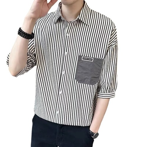 Pocket Summer Vertical Stripe Half-Sleeve Shirt for Men | Youth-Fit, Thin Mid-Sleeve Blouse