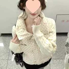 韩系甜美波点针织拼接长袖棉服外套女冬季宽松加厚短款保暖面包服