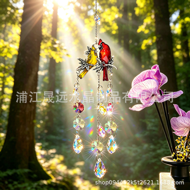 Tiktok New Model Cardinal Bird Love Bird Crystal Sun Catcher Home Garden Windowsill Decoration Hanging Ornament