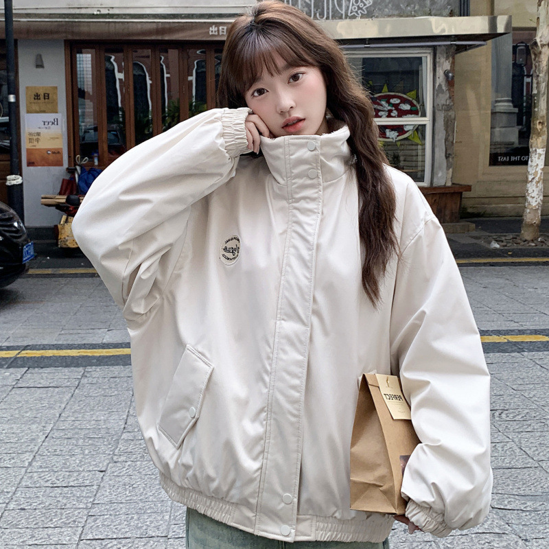 Cotton-Padded Jacket for Women, College Style Badge, Stand Collar, Autumn and Winter 2025 New Loose Slimming Fleece Thickened Warm Coat