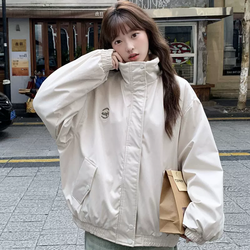 棉衣女学院风徽章立领夹克秋冬2025新款宽松显瘦加绒加厚保暖外套