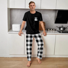 Temu沃尔玛夏季针织短袖睡衣男士格子印花长裤休闲可外穿家居套装