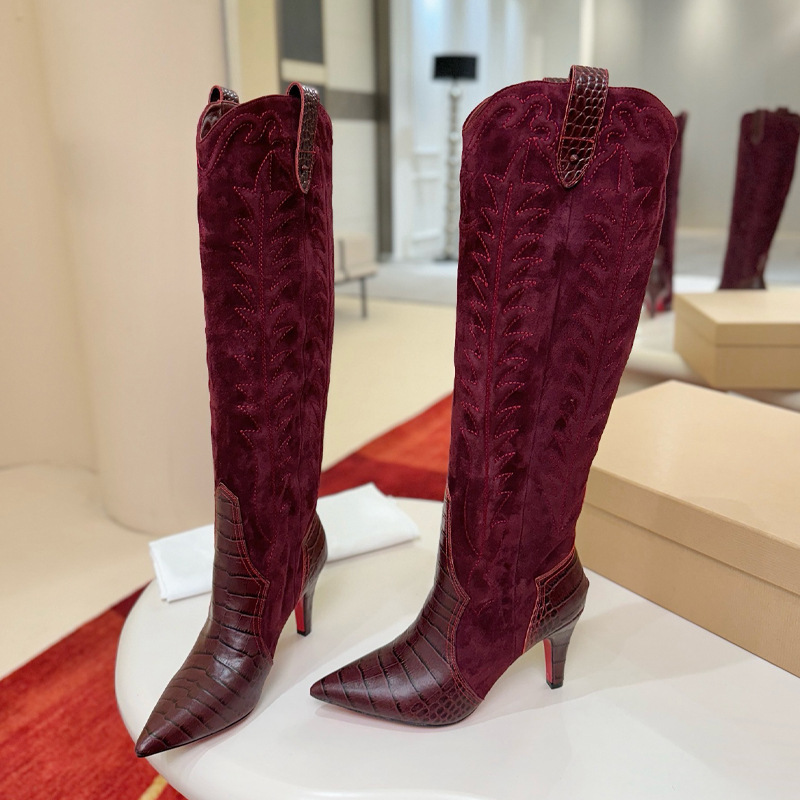 2025 Winter New Export Embroidered Heavy-Duty Western Boots for Women European and American Leather Boots Crocodile Pattern Suede Stitching Thick Heels