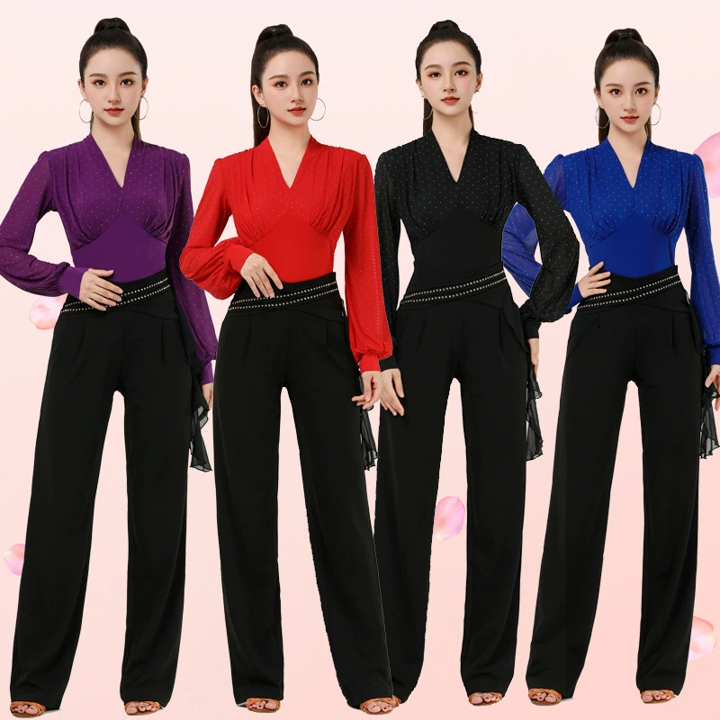 Новый V-образный воротник с горячим бриллиантом квадратная танцевальная одежда женский фонарь с горячими бриллиантами с длинными рукавами