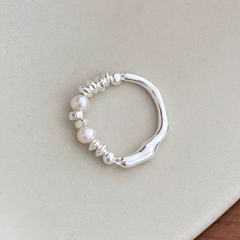 s925纯银淡水珍珠戒指女ins法式小众设计不规则巴洛克弹力绳指环