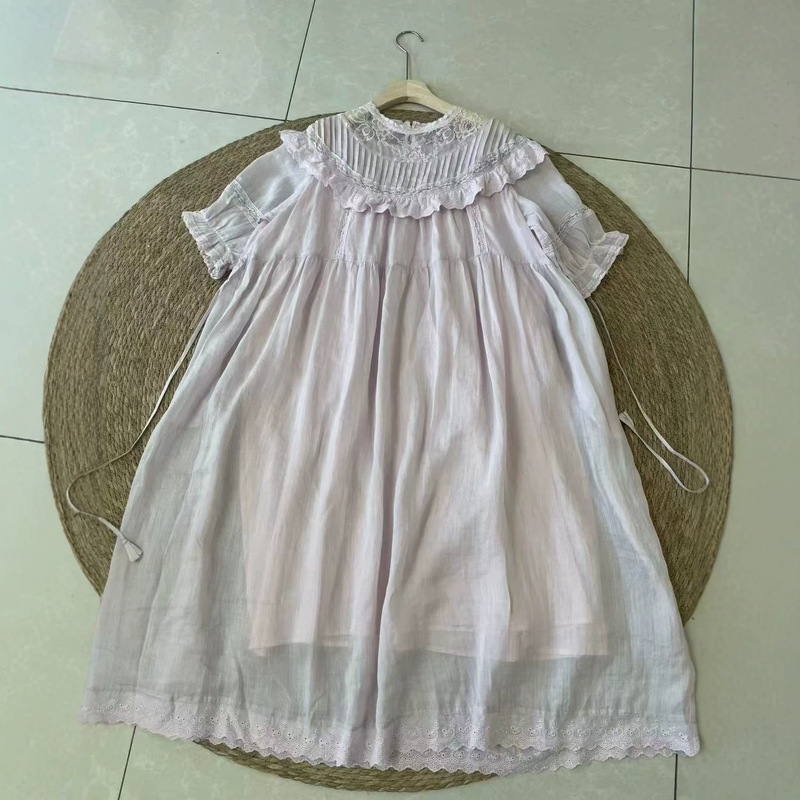2026 Sweet Style Ramie Short-Sleeved Lace Patchwork Dress Loose Slimming Look Light and Flowing Long Skirt for Women