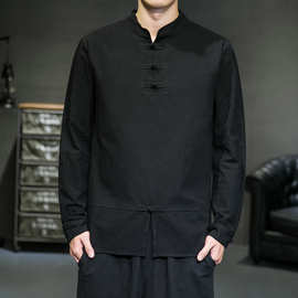 男装印花立领图片春秋新款中国风棉麻长袖T恤 宽松大码打底衬衫批