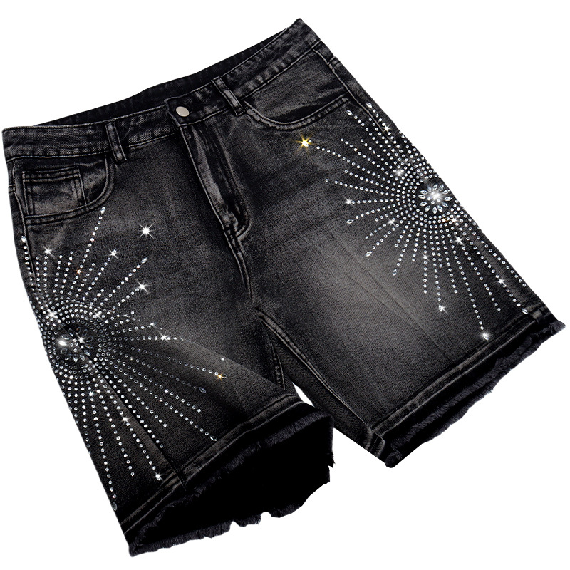 Men's Rhinestone Embroidered Denim Shorts Heavy Duty Star Design Streetwear Casual American Style_viptrois.com
