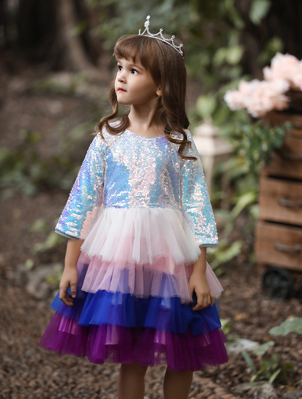 亚马逊新品儿童礼服公主裙中小童亮片演出礼服拼色蛋糕裙现货批发