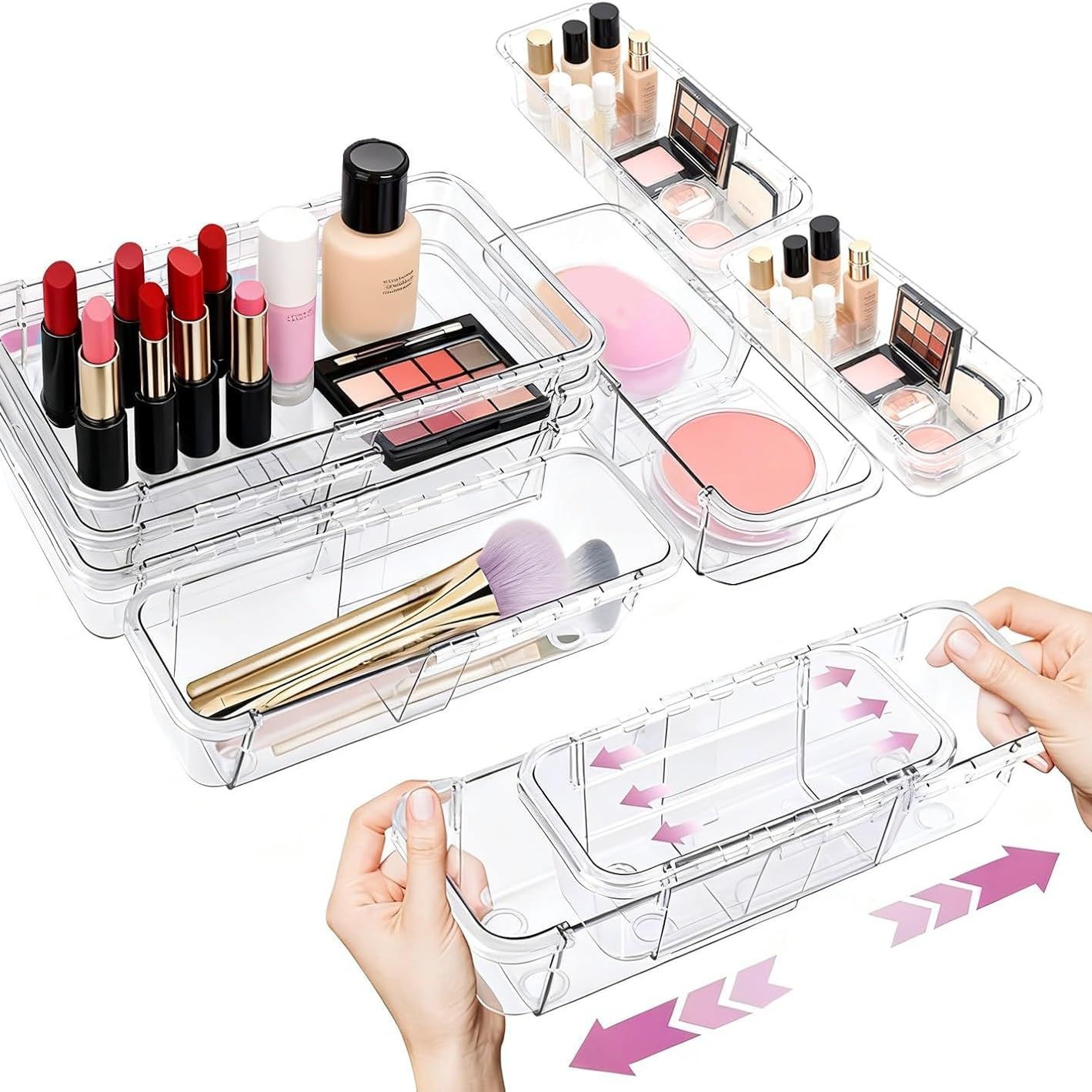 Cross-border exclusive supply of retractable drawer storage box set, transparent multifunctional small boxes for organizing tableware, stationery, and cosmetics