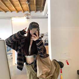 跨境i甜美风撞色条纹气质连帽长袖卫衣女秋季显瘦百搭减龄上衣