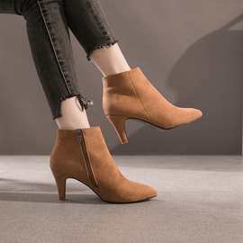 外贸大码女鞋2023秋冬新款尖头细跟低筒靴中跟防滑女靴一件代发