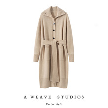 100%山羊绒翻领厚实保暖外套中长款纯色简约针织开衫时尚慵懒风女