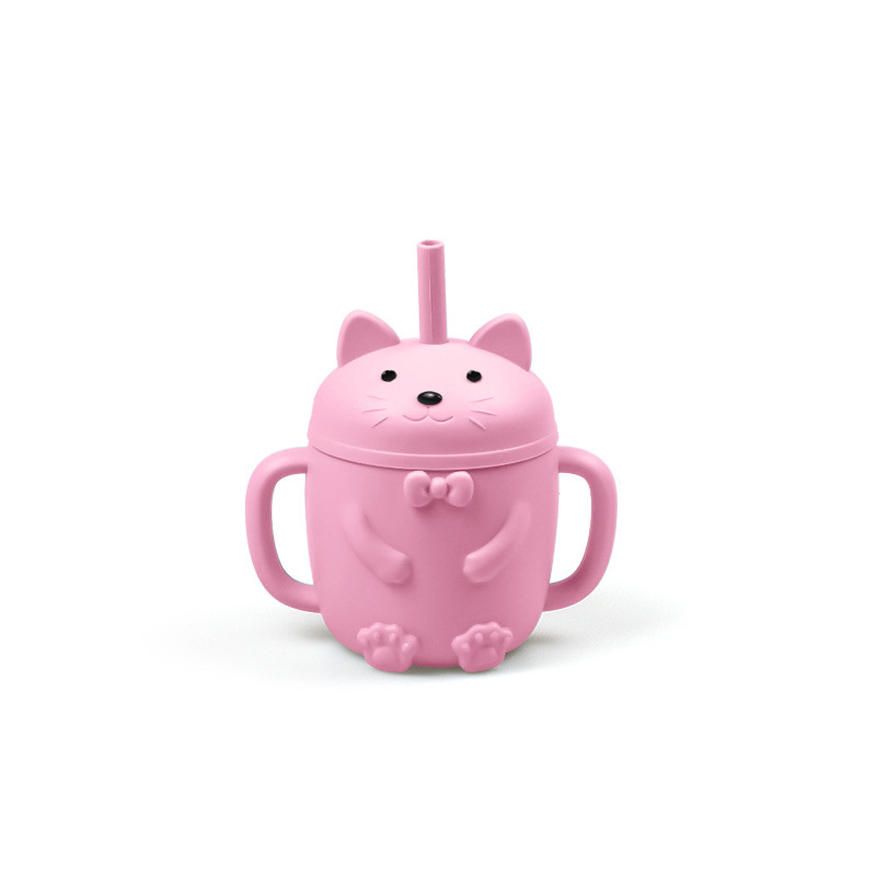 Cross-Border New Baby Cat Cup de silicona BPA GRATIS suplemento alimenticio taza de paja taza de bebida resistente a la caída gato de dibujos animados