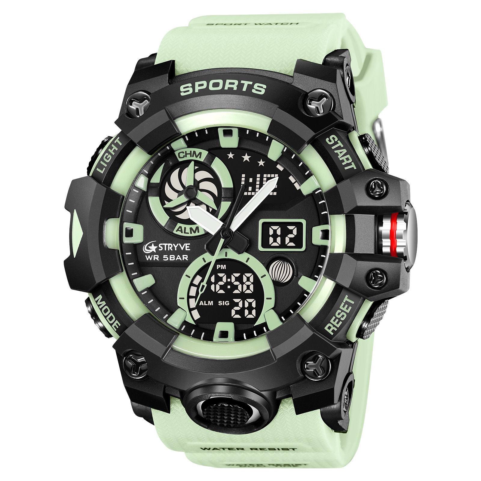 Nuevos hombres deportes reloj electrónico stryve 8027 doble pantalla luminosa tiempo alarma reloj cronómetro pantalla digital Reloj de pulsera