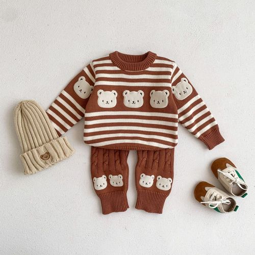 Infant autumn and winter clothing baby sweater cartoon striped sweater set newborn warm versatile tops and pants