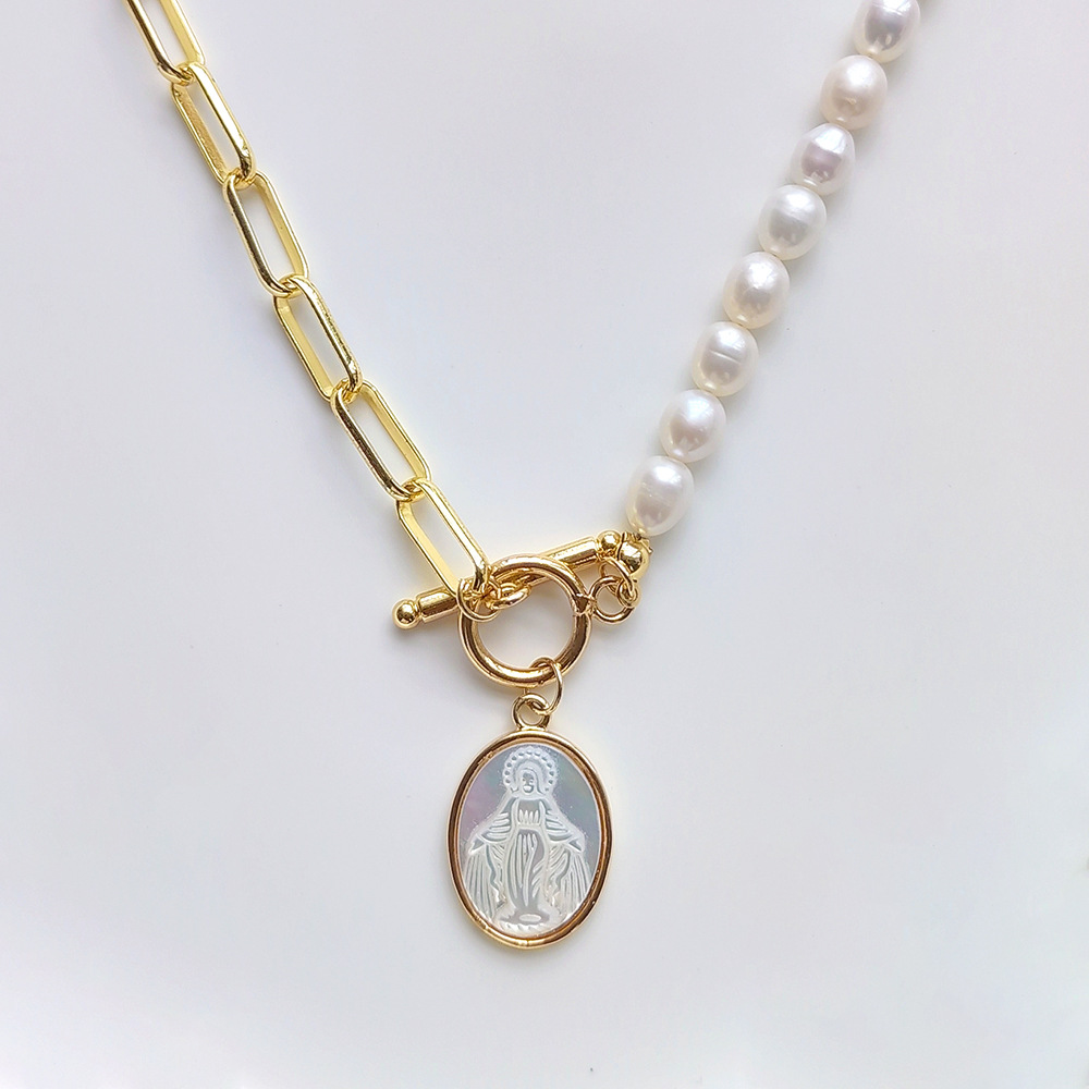 Daily Occasion Modern Style Faith Oval Freshwater Pearl Shell Copper 18k Gold Plated Pendant Necklace In Bulk