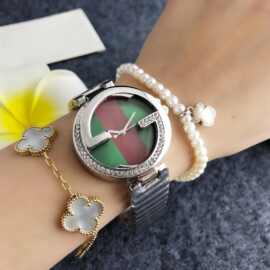 bling watch时尚红绿撞色女表满钻金属链带气质手表港风时尚腕表