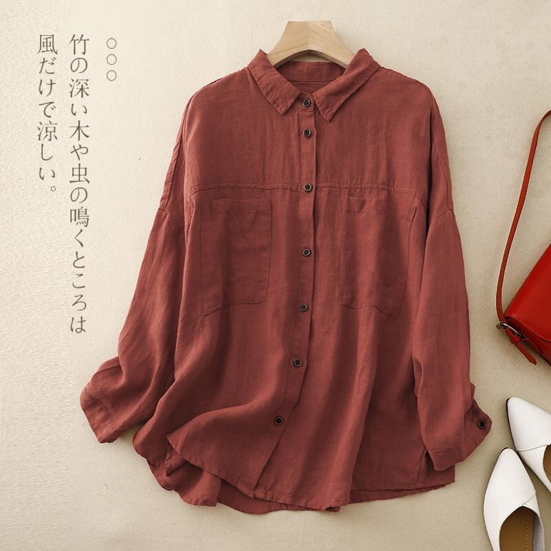 Lapel Cotton and Linen Shirt for Women 2025 Spring & Fall New Style Mother's Loose Belly-Covering Classy Cotton and Linen Long-Sleeved Cardigan Top