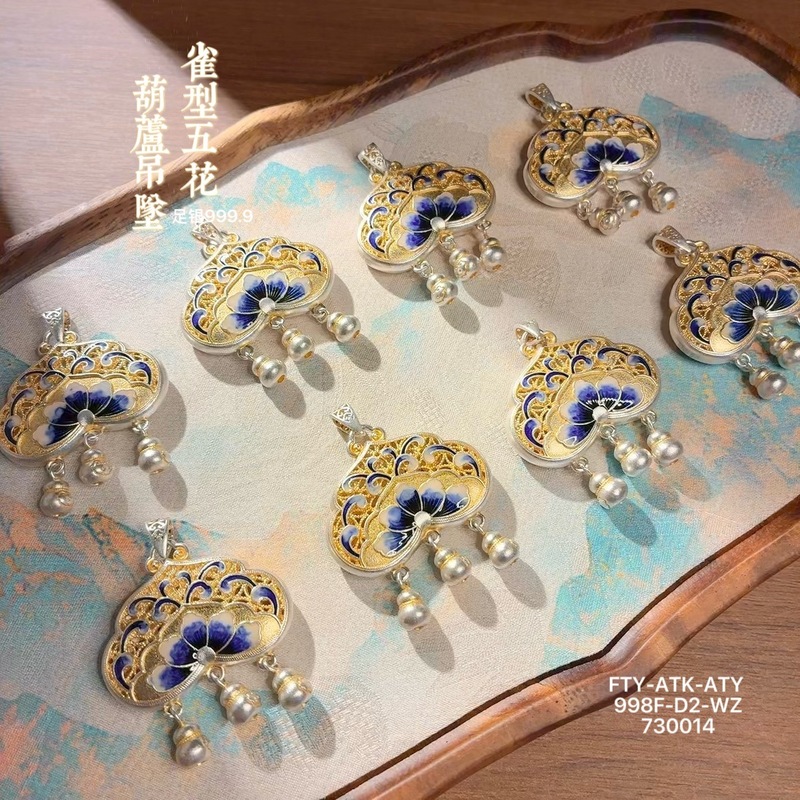 足银9999描金珐琅雀型五花葫芦吊坠女新中式轻奢纯银百搭锁骨挂坠|undefined