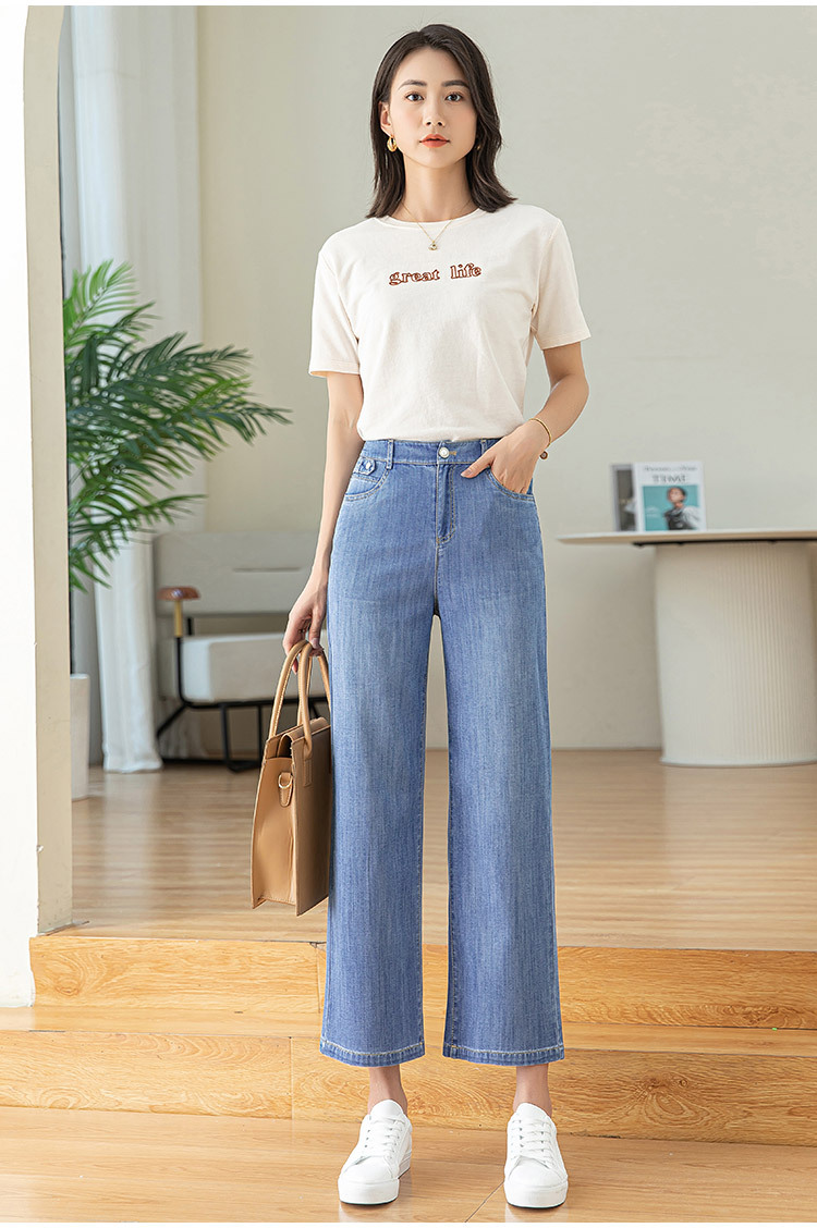 Quần jean ống rộng cạp cao dáng suông chín phần cho nữ chất Tencel mỏng mùa xuân hè — Màu xanh lam chi tiết 7