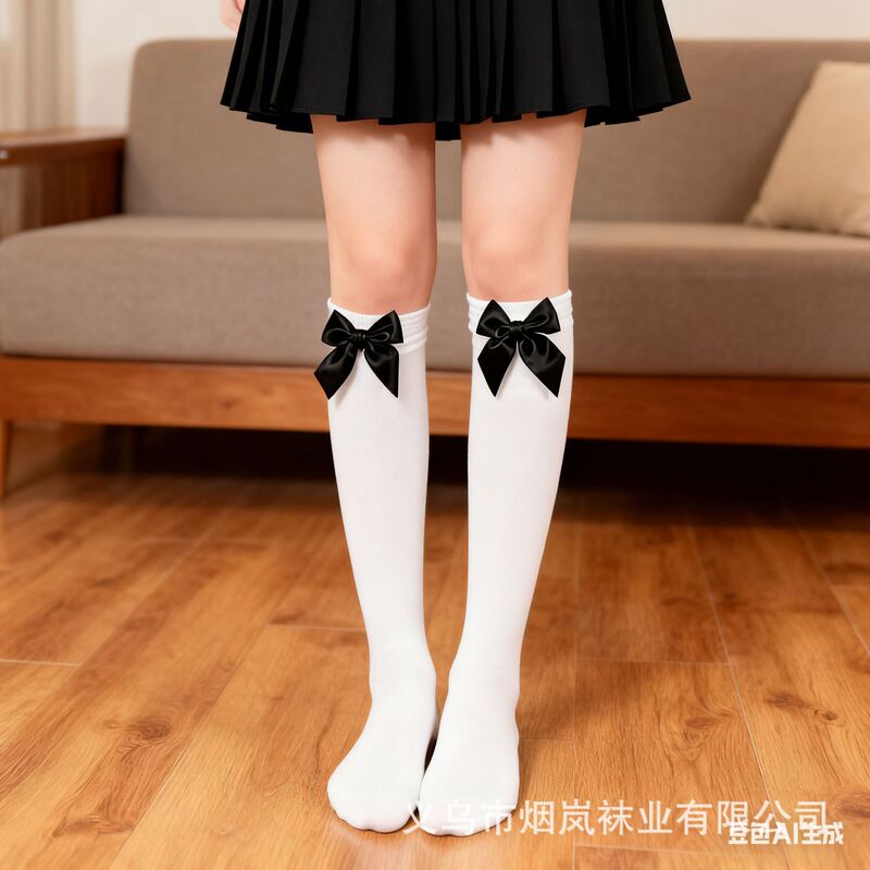 Children's Lolita Calf Socks, Girls' Bow Knee-High Socks, White Stockings, Dress Accessories