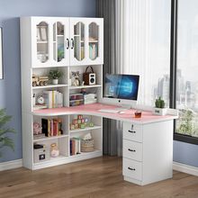 J檟1实木电脑桌转角书桌书架组合台式写字桌带书柜家用儿童卧室学