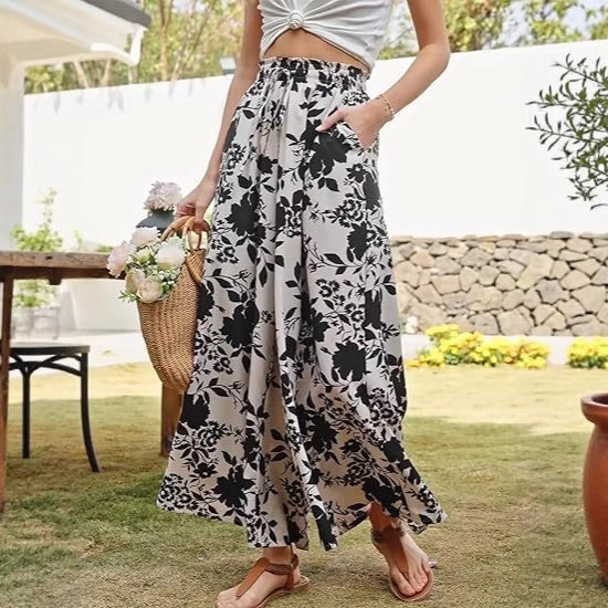 2025 European and American Women's Wide Leg Pants Bohemian Floral Wide Leg Pants Summer High Waist Flowing Trousers with Pockets