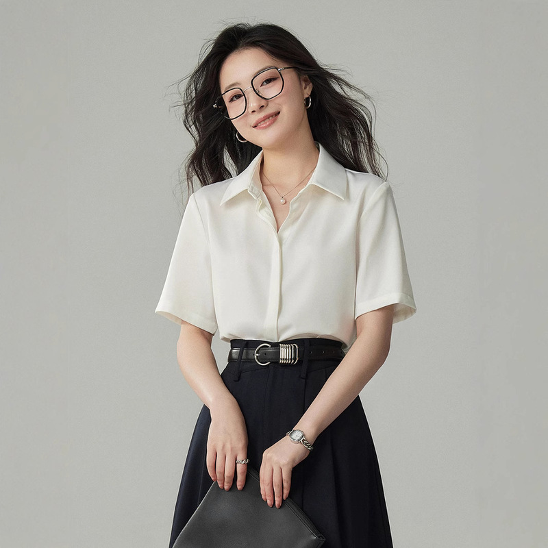 Yako Home White Dark Placket Satin Short-sleeved Shirt Women's Summer Draped Commuter Career Interview Shirt