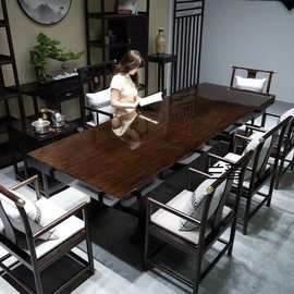LP黑金实木黑檀木大板桌椅茶桌组合奥坎茶台中式整块一体原木整板
