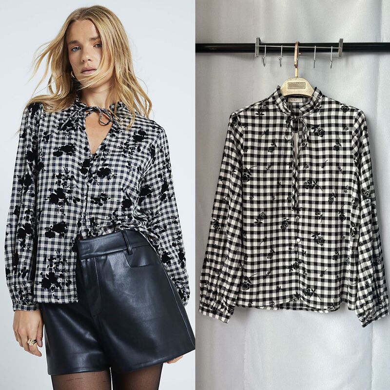 2026 Cross-Border Spring New Style Shirt Retro Buttoned Black and White Plaid Cardigan Tie-Up Plaid Top European and American Cross-Border