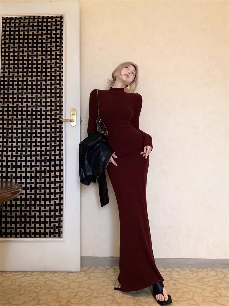 Spice Girl Shows Body Half Turtleneck Bottom Hip Dress Female Sexy Slim Burgundy Thin Fishtail Long Skirt_ecoleips.com